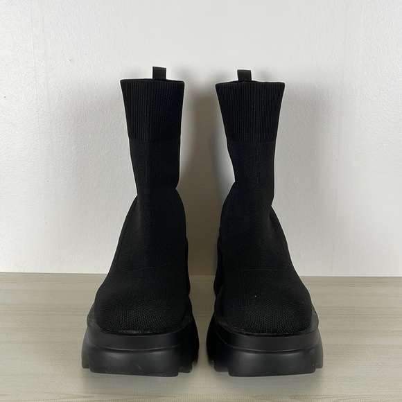 Women's black stretch tight knit slip-on Kinsley round toe booties wedge heel 8 - Picture 1 of 8